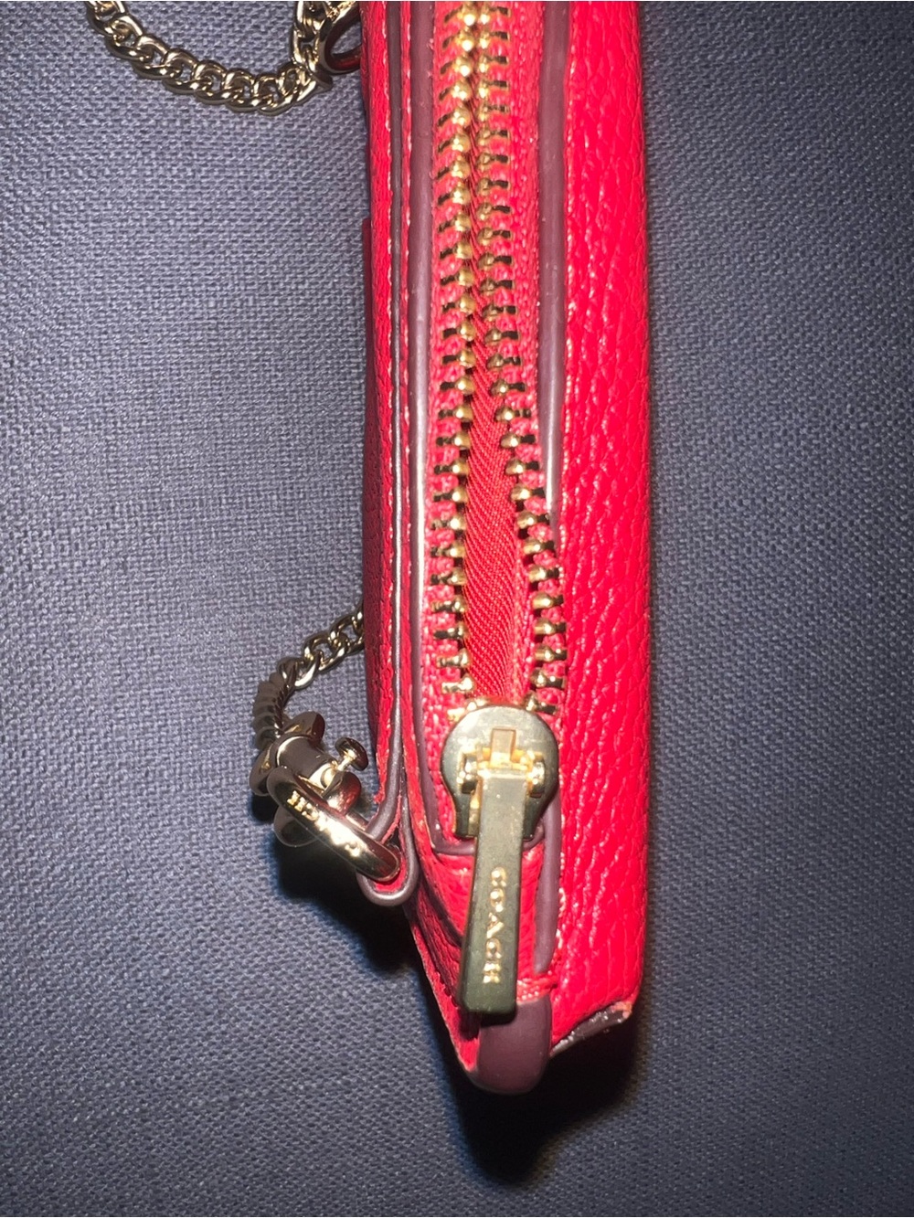 Coach Red Pebbled Leather Card Crossbody with Gold Chain - Picture 5 of 5